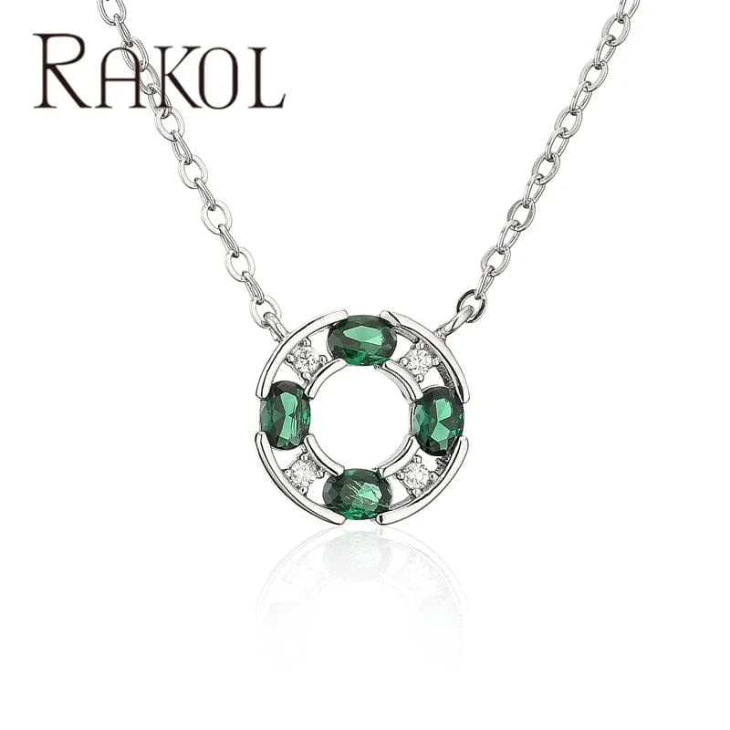 TRENDY / 16inches / Green Rakol NP5191 18k Gold Plated Cz Circle Necklace For Women Cubic Zirconia Round Hollow Pendant Necklace Tarnish Free Jewelry