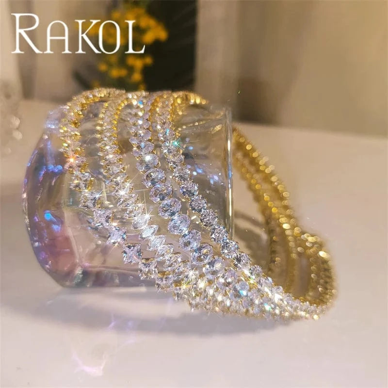 TRENDY / 16inches / NP5198 Rakol NP5198 Cubic Zircon Gold Plated Tennis Necklace Hip Hop Jewelry Full Rhinestone Crystal Tennis Cuban Chain Necklace