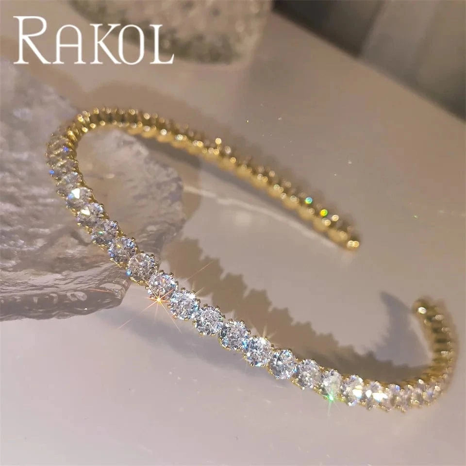 TRENDY / 16inches / NP5198 Rakol NP5198 Cubic Zircon Gold Plated Tennis Necklace Hip Hop Jewelry Full Rhinestone Crystal Tennis Cuban Chain Necklace
