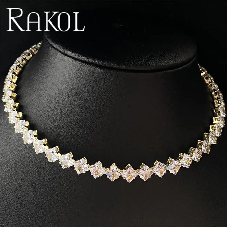 TRENDY / 16inches / NP5198 Rakol NP5198 Cubic Zircon Gold Plated Tennis Necklace Hip Hop Jewelry Full Rhinestone Crystal Tennis Cuban Chain Necklace