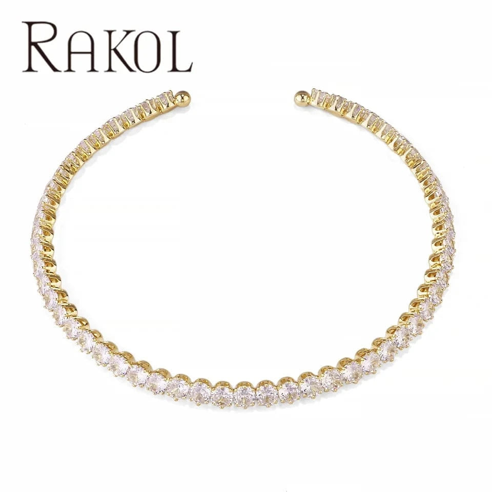 TRENDY / 16inches / NP5198 Rakol NP5198 Cubic Zircon Gold Plated Tennis Necklace Hip Hop Jewelry Full Rhinestone Crystal Tennis Cuban Chain Necklace