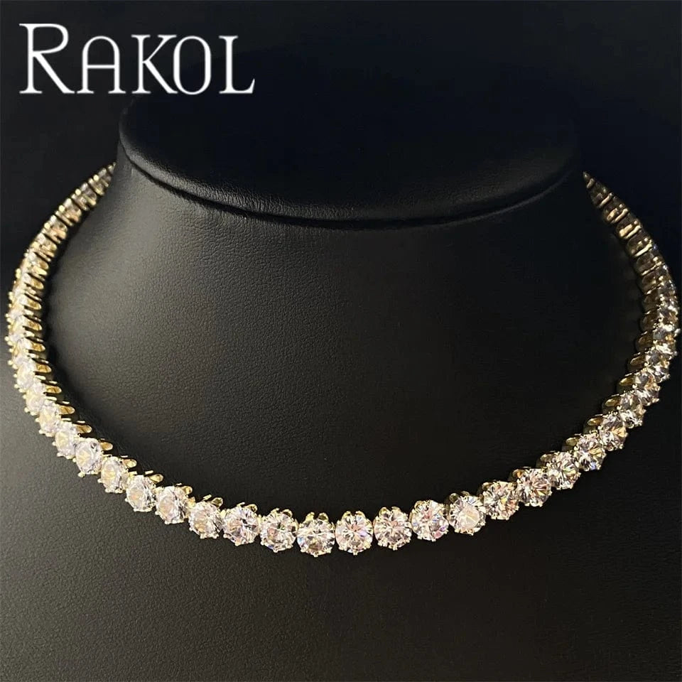TRENDY / 16inches / NP5198 Rakol NP5198 Cubic Zircon Gold Plated Tennis Necklace Hip Hop Jewelry Full Rhinestone Crystal Tennis Cuban Chain Necklace