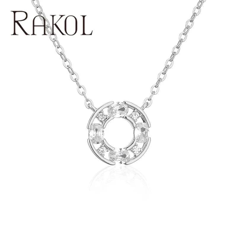 TRENDY / 16inches / silver Rakol NP5191 18k Gold Plated Cz Circle Necklace For Women Cubic Zirconia Round Hollow Pendant Necklace Tarnish Free Jewelry