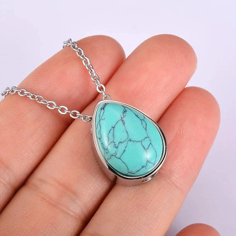 Trendy / 18inches / Turquoise New Design Natural Stone Teardrop Keepsake Ashes Necklace Urn Pendant Cremation Memorial Jewelry Necklace for Human ashes