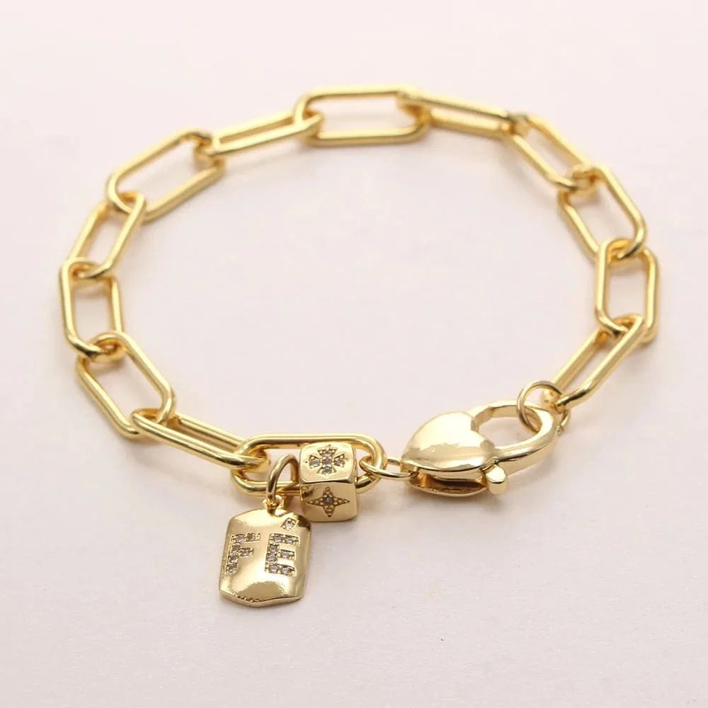 Trendy / 19.5CM / B Charm Bracelets Bulk Jewelry Key/Heart/Fe Letter Zircon Pendant Women Chunky Link Chain Bangles 18K Gold Plated Men's Bracelet