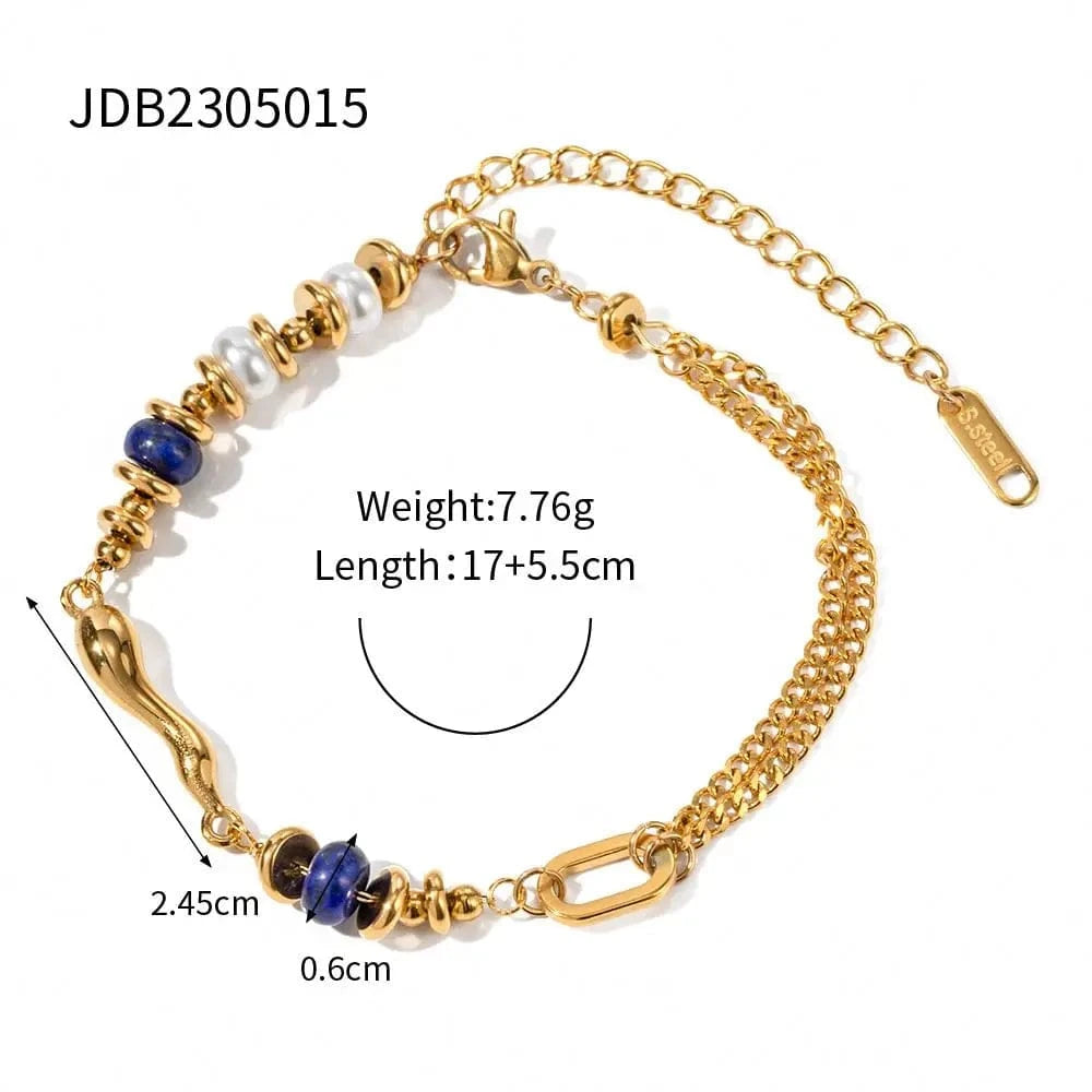 TRENDY / 21.5cm / BR972 BR972 Natural Lapis Stone Bracelet 18K PVD Gold Plated Stainless Steel Aesthetic Pearl Beads Bracelet Jewelry For Women