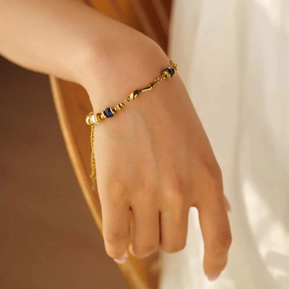 TRENDY / 21.5cm / BR972 BR972 Natural Lapis Stone Bracelet 18K PVD Gold Plated Stainless Steel Aesthetic Pearl Beads Bracelet Jewelry For Women