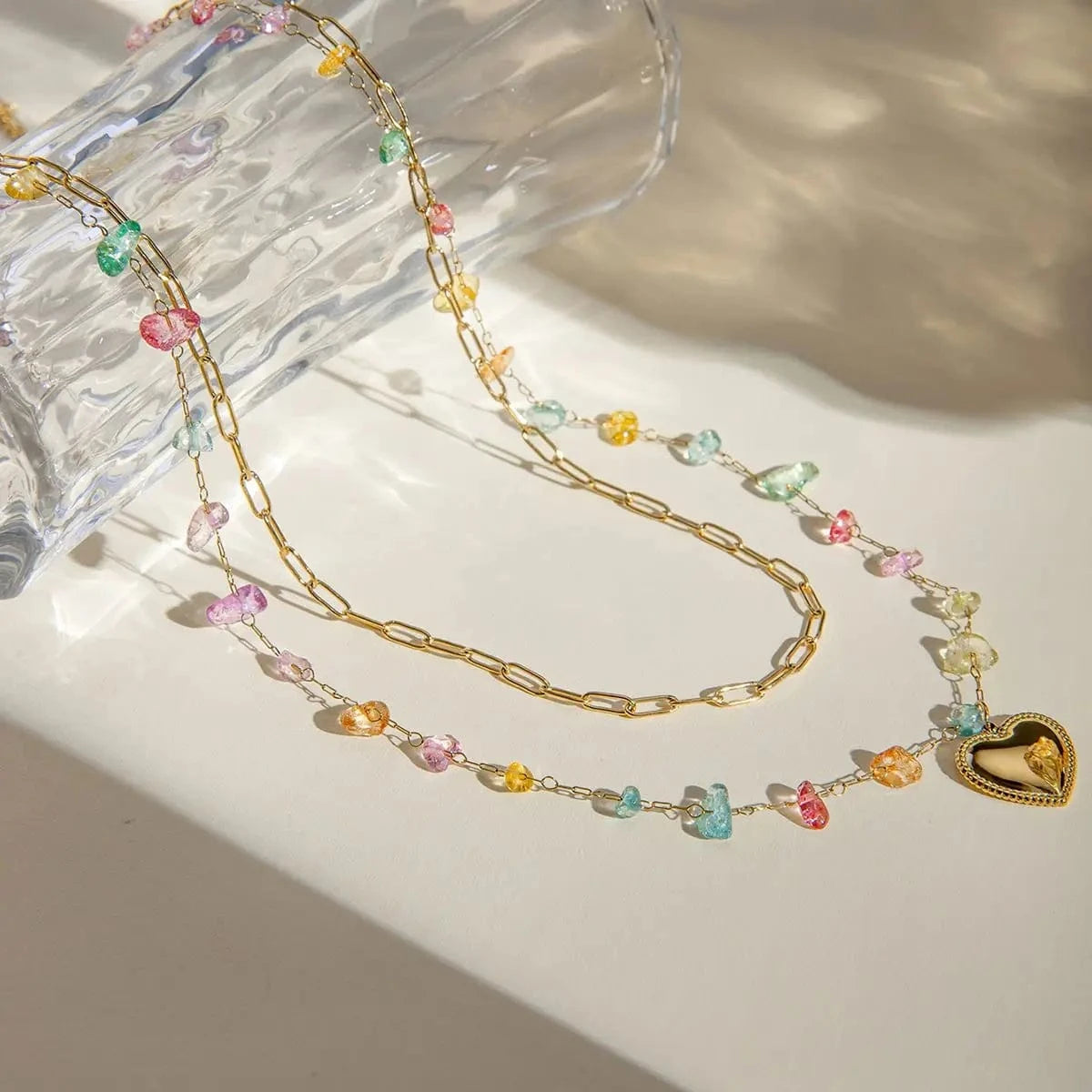 TRENDY / 41.5+5.5cm / N2154 N2154 18K Gold Plated Stainless Steel Double-layer Chain with Heart-shaped Accessory and Colorful Stone Pendant Necklace