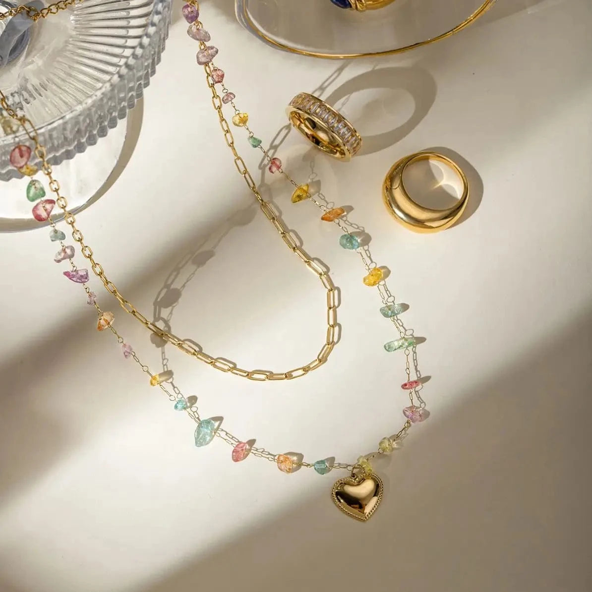 TRENDY / 41.5+5.5cm / N2154 N2154 18K Gold Plated Stainless Steel Double-layer Chain with Heart-shaped Accessory and Colorful Stone Pendant Necklace