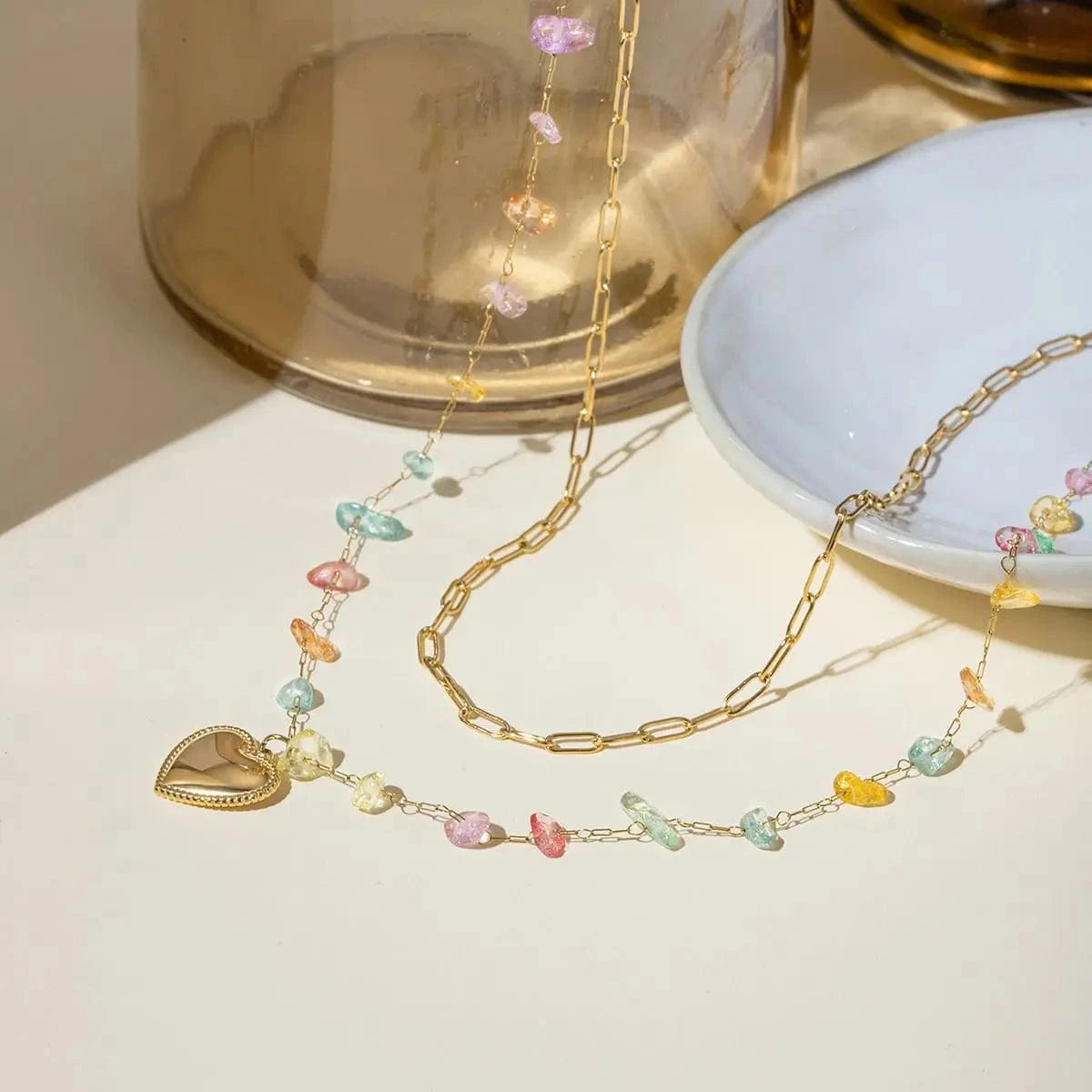 TRENDY / 41.5+5.5cm / N2154 N2154 18K Gold Plated Stainless Steel Double-layer Chain with Heart-shaped Accessory and Colorful Stone Pendant Necklace