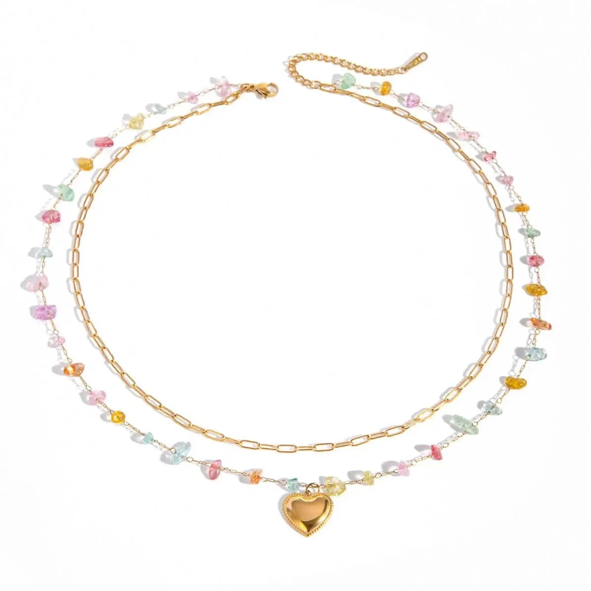 TRENDY / 41.5+5.5cm / N2154 N2154 18K Gold Plated Stainless Steel Double-layer Chain with Heart-shaped Accessory and Colorful Stone Pendant Necklace