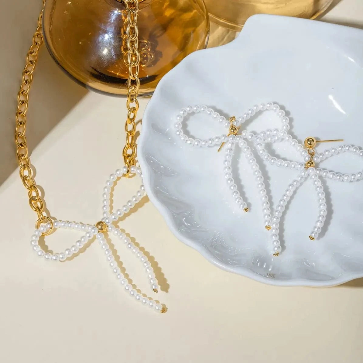 TRENDY / 41.5+5.5cm / N2157 N2157 18K Gold Plated Stainless Steel Glass Pearl Bow Necklace 35+5cm