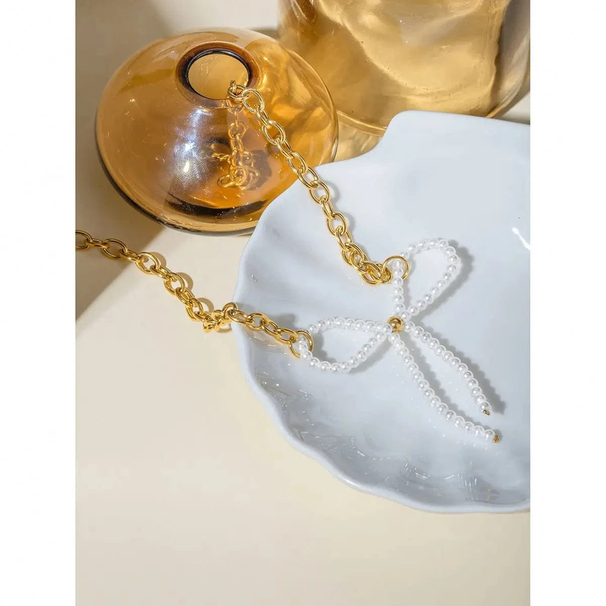 TRENDY / 41.5+5.5cm / N2157 N2157 18K Gold Plated Stainless Steel Glass Pearl Bow Necklace 35+5cm