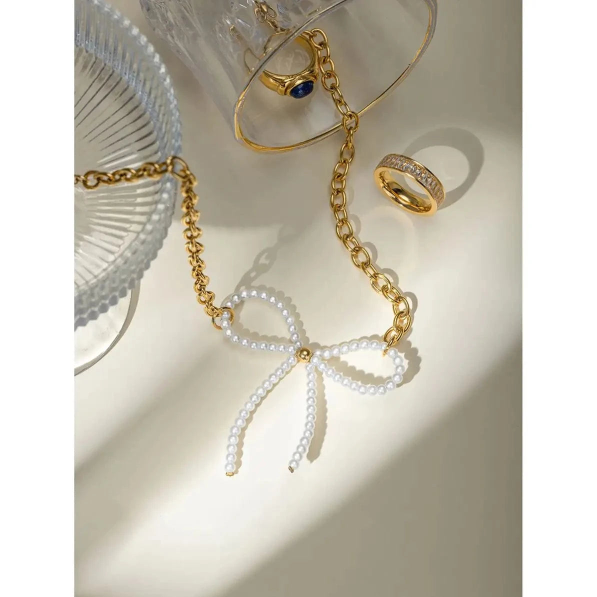 TRENDY / 41.5+5.5cm / N2157 N2157 18K Gold Plated Stainless Steel Glass Pearl Bow Necklace 35+5cm