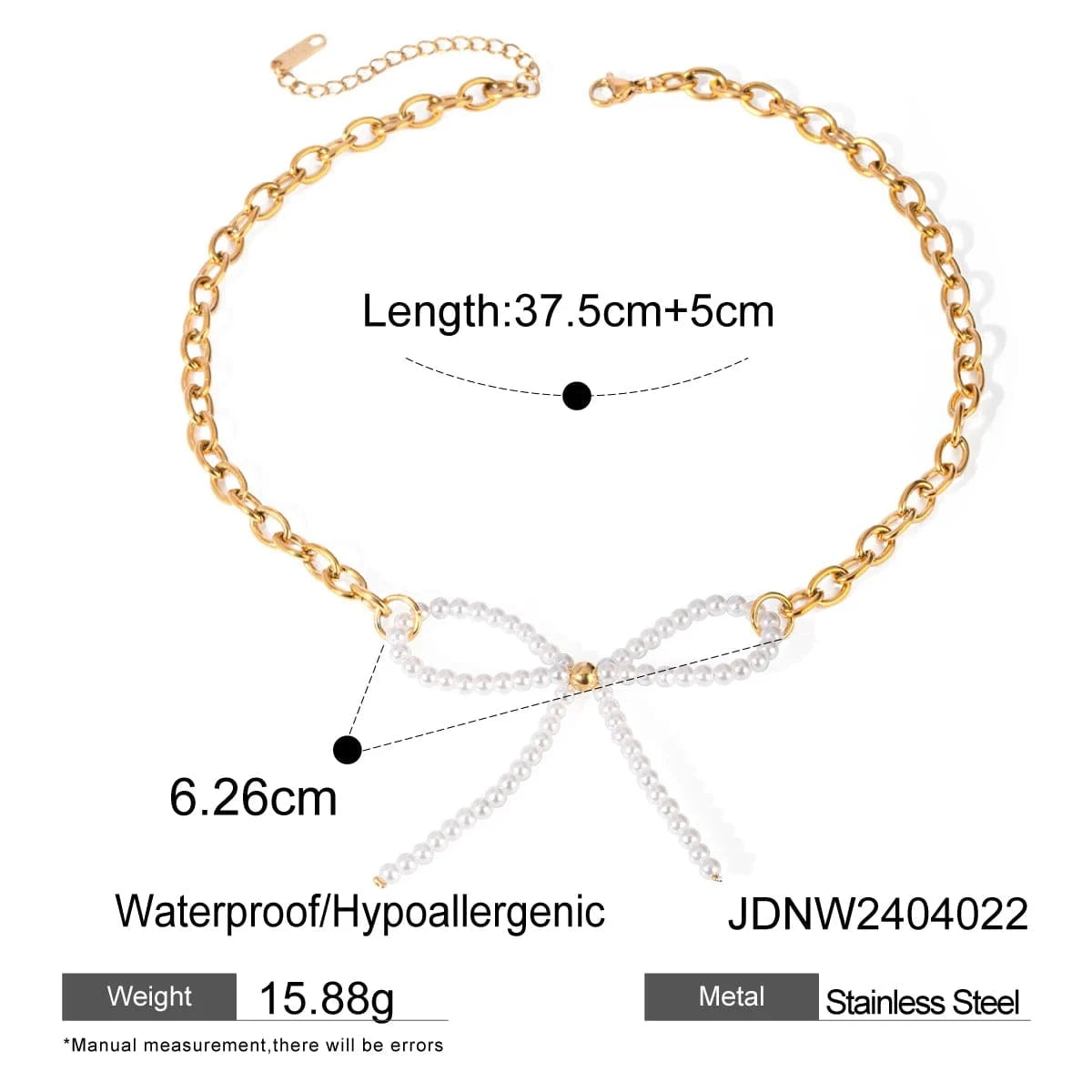 TRENDY / 41.5+5.5cm / N2157 N2157 18K Gold Plated Stainless Steel Glass Pearl Bow Necklace 35+5cm