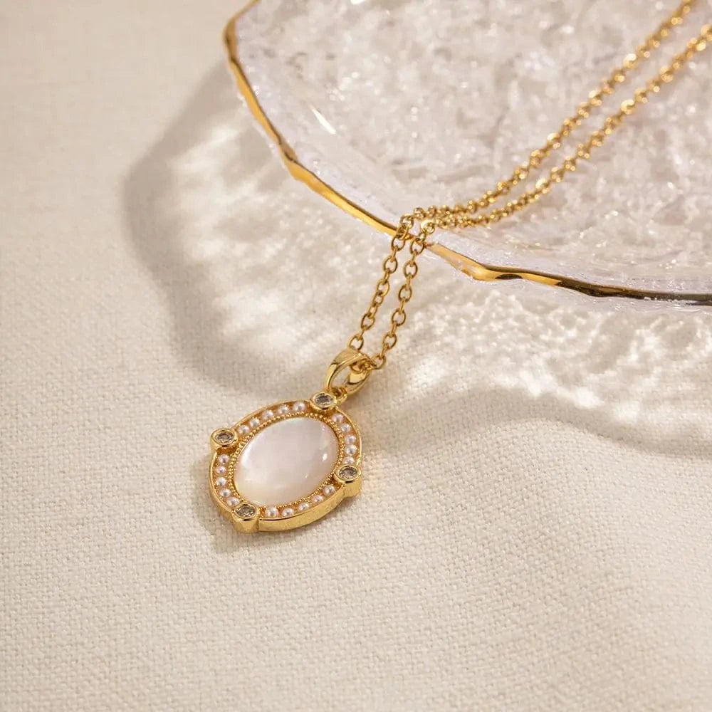 TRENDY / 41.5+5.5cm / N2239 N2239 Oval White Shell Zircon Inlaid Pendant Necklace 18K PVD Gold Plated Stainless Steel Link Chain Drop Necklace For Women