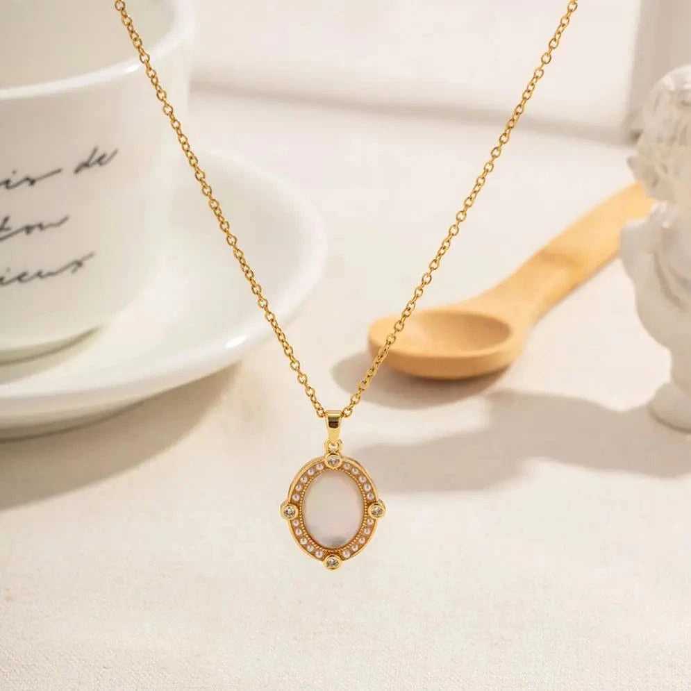 TRENDY / 41.5+5.5cm / N2239 N2239 Oval White Shell Zircon Inlaid Pendant Necklace 18K PVD Gold Plated Stainless Steel Link Chain Drop Necklace For Women