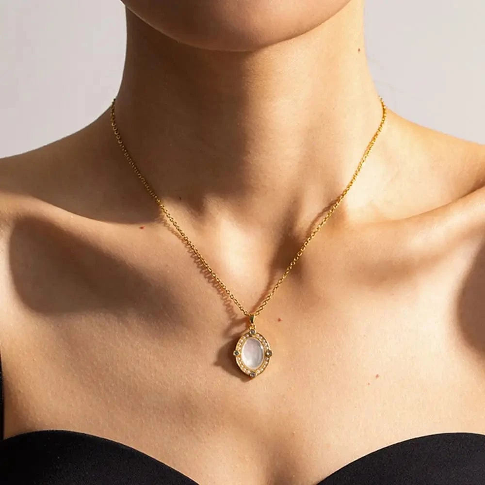 TRENDY / 41.5+5.5cm / N2239 N2239 Oval White Shell Zircon Inlaid Pendant Necklace 18K PVD Gold Plated Stainless Steel Link Chain Drop Necklace For Women