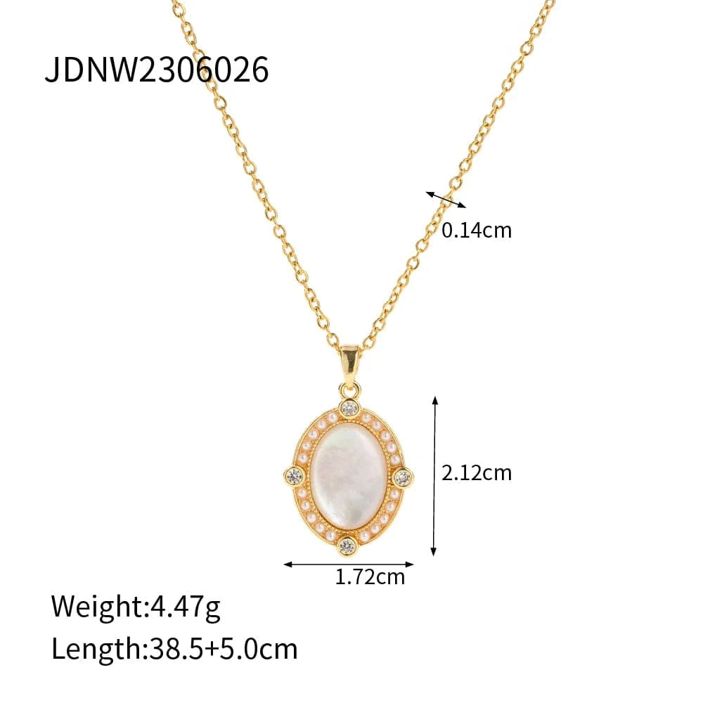 TRENDY / 41.5+5.5cm / N2239 N2239 Oval White Shell Zircon Inlaid Pendant Necklace 18K PVD Gold Plated Stainless Steel Link Chain Drop Necklace For Women