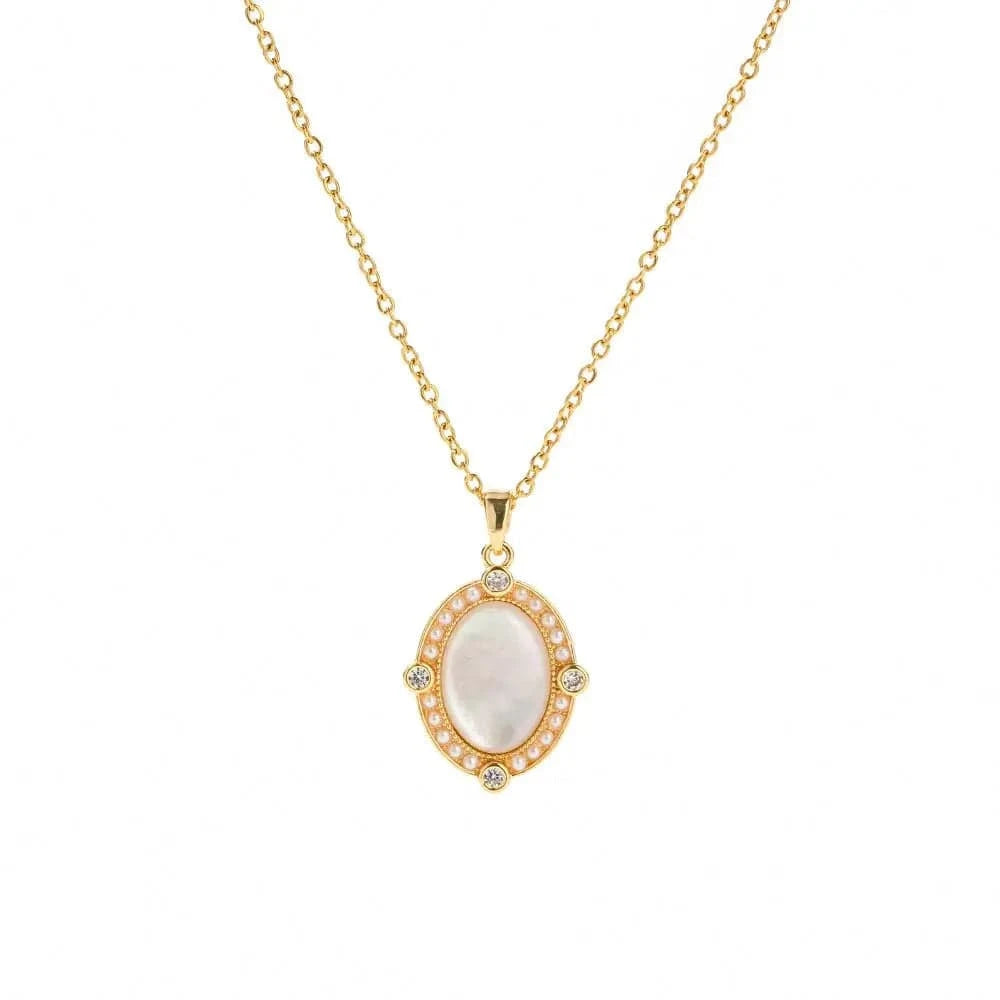 TRENDY / 41.5+5.5cm / N2239 N2239 Oval White Shell Zircon Inlaid Pendant Necklace 18K PVD Gold Plated Stainless Steel Link Chain Drop Necklace For Women