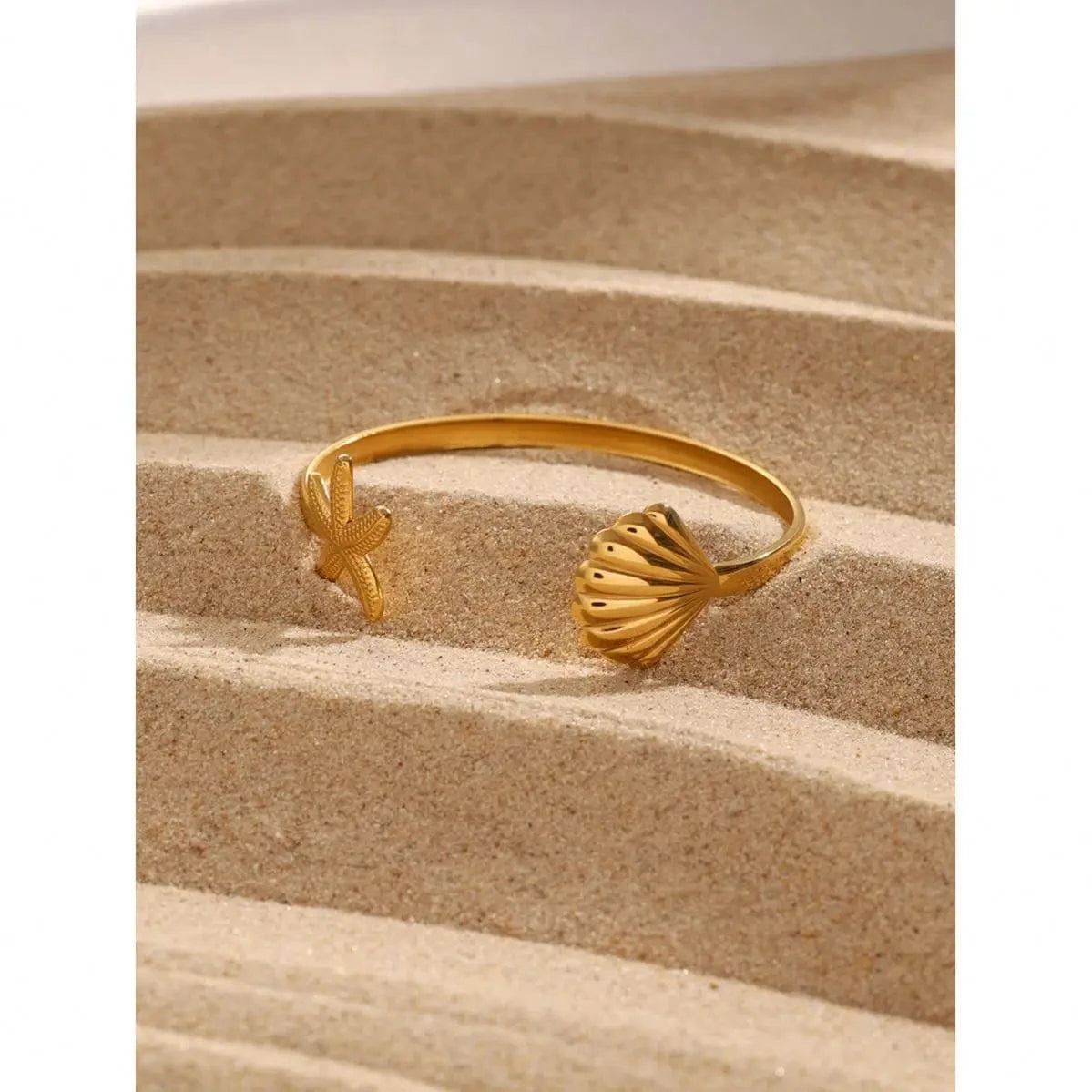 Trendy / 5.96cm / BG874 BG874 18k Gold Stainless Steel Scallop Starfish Open Cuff Bangle Bracelet Beach Jewelry