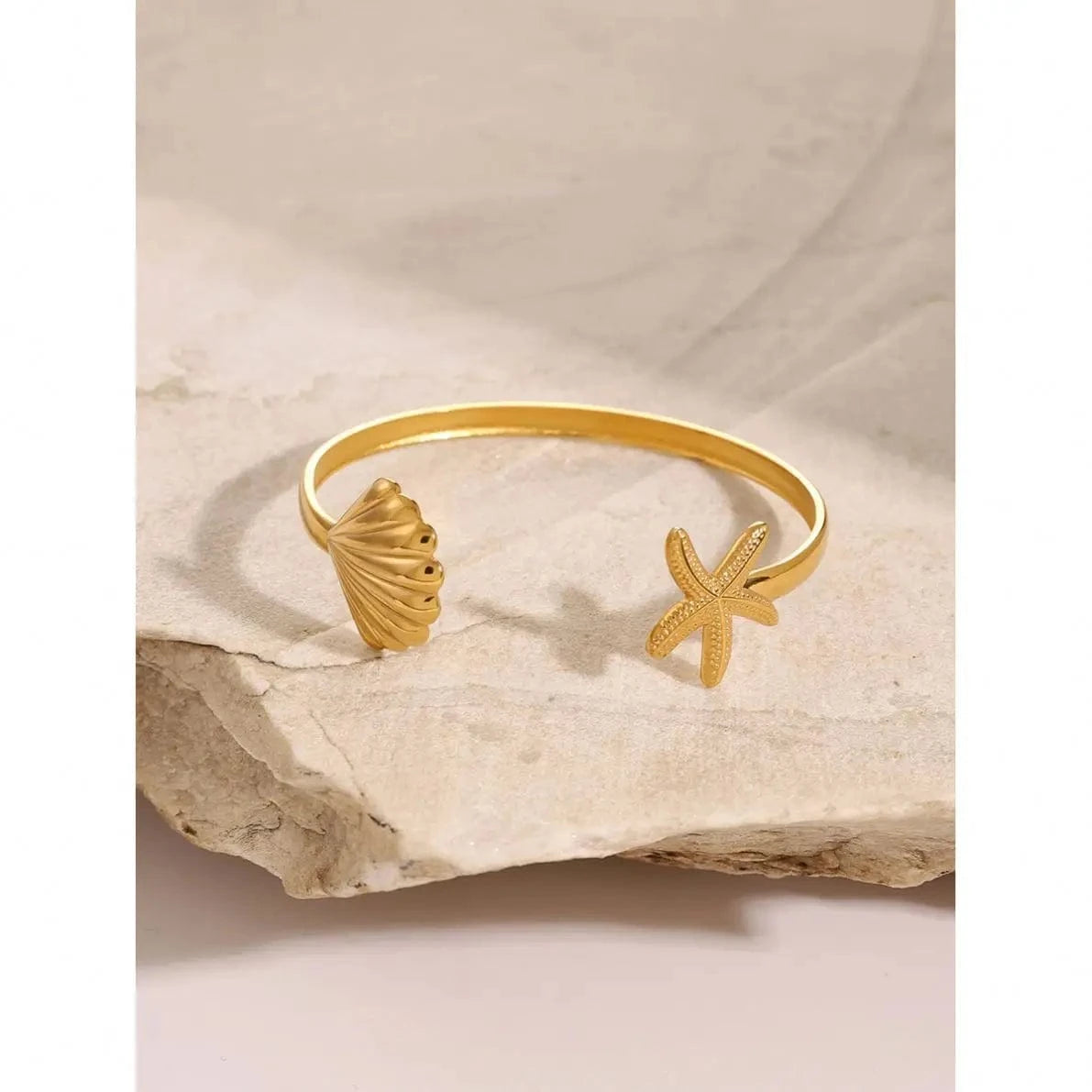 Trendy / 5.96cm / BG874 BG874 18k Gold Stainless Steel Scallop Starfish Open Cuff Bangle Bracelet Beach Jewelry
