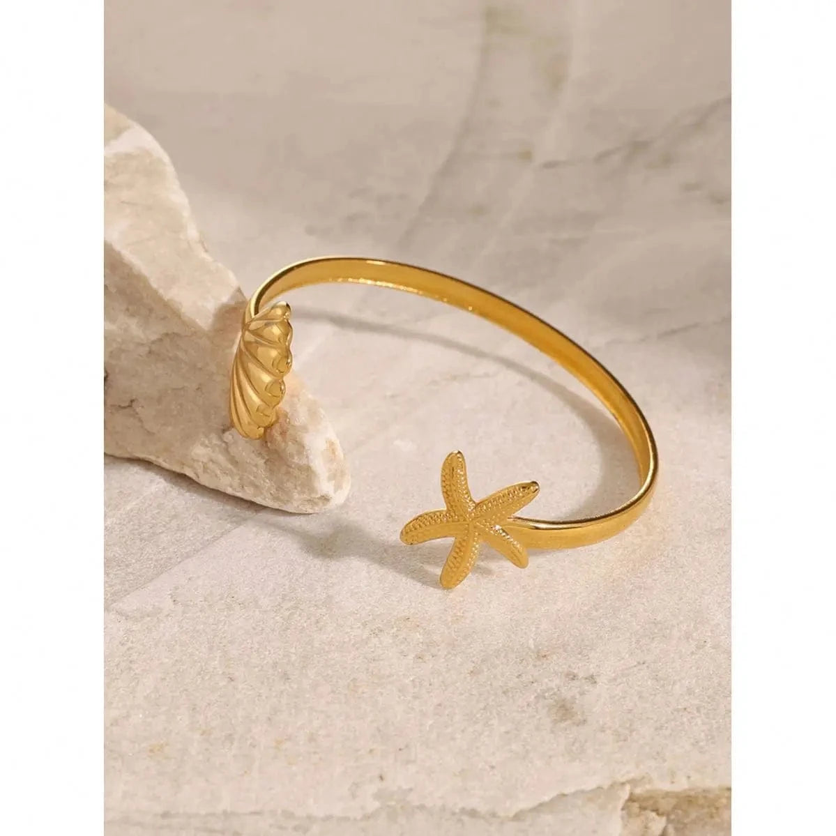 Trendy / 5.96cm / BG874 BG874 18k Gold Stainless Steel Scallop Starfish Open Cuff Bangle Bracelet Beach Jewelry