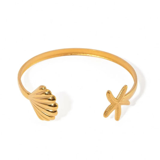 Trendy / 5.96cm / BG874 BG874 18k Gold Stainless Steel Scallop Starfish Open Cuff Bangle Bracelet Beach Jewelry