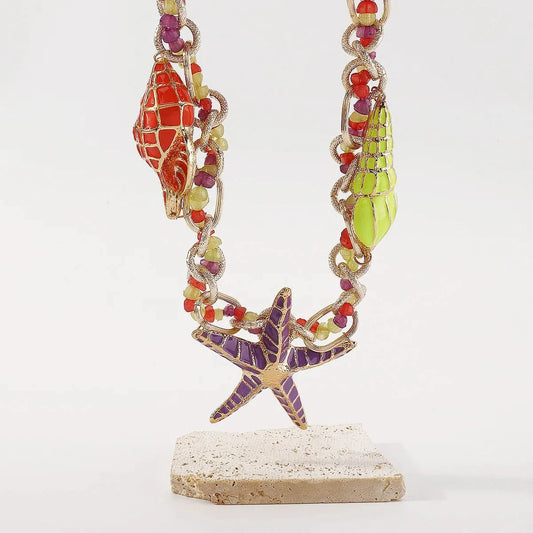 TRENDY / 55CM / Gold YW Fashion Beach Alloy Drip Oil Sea Star Shell Exaggerated Bead Necklaces for Women