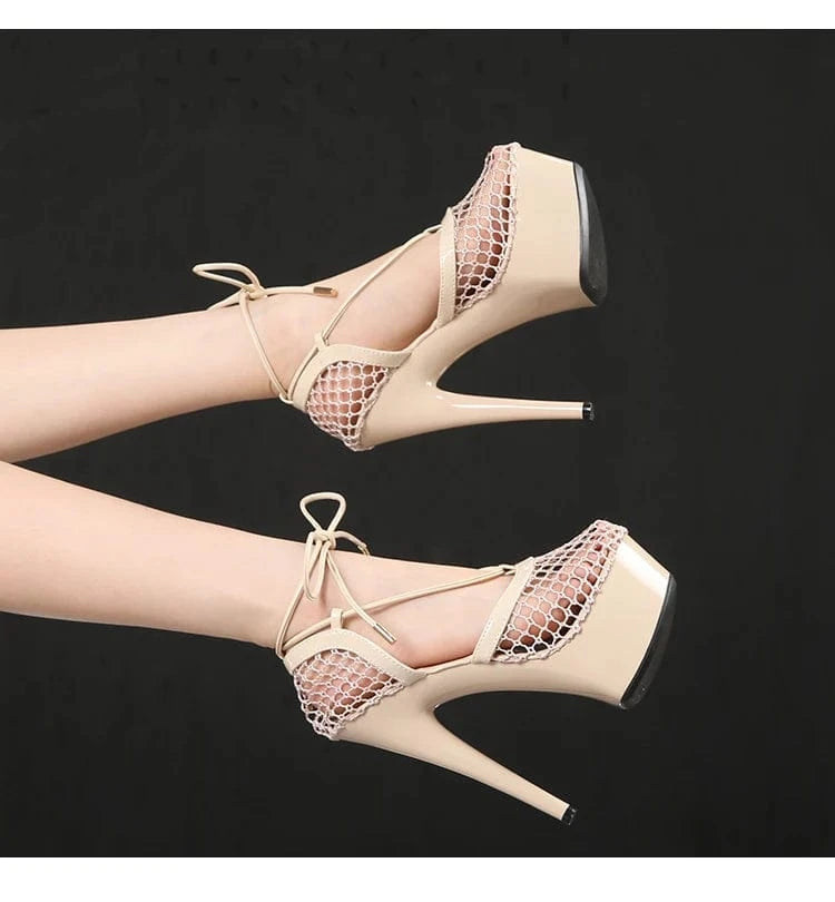 Trendy Ankle Wrap Women Platform Shoes 13 CM Stiletto Strippers Mesh Pole Dance High Heels Sandals Sexy