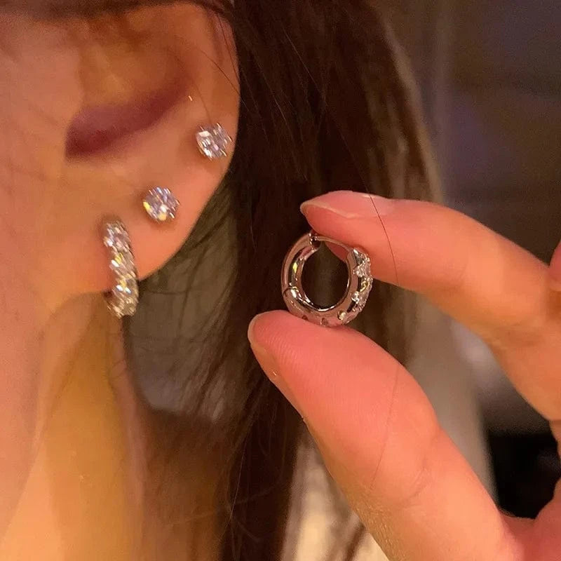 TRENDY / B201 2024 New Korean Trendy Earrings Shiny Zircon Earring Set For Women Temperament Circle Hoop Earrings Stud Jewelry Set