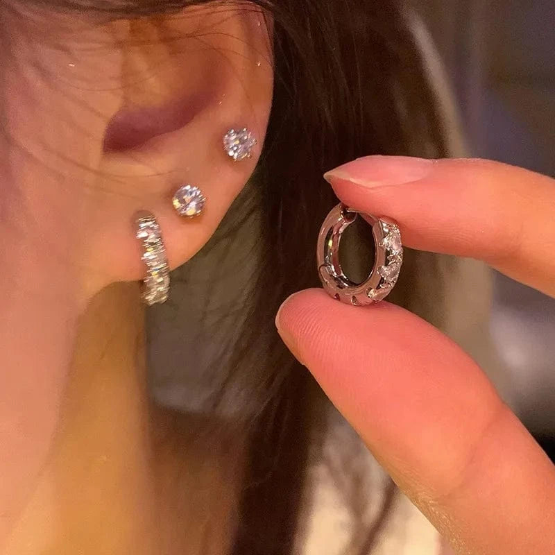 TRENDY / B201 2024 New Korean Trendy Earrings Shiny Zircon Earring Set For Women Temperament Circle Hoop Earrings Stud Jewelry Set