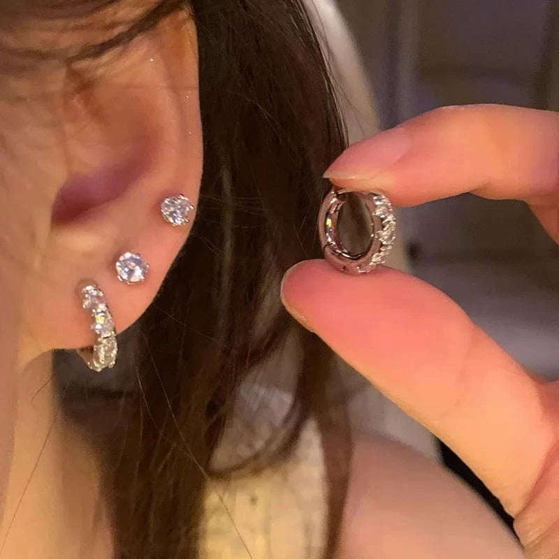 TRENDY / B201 2024 New Korean Trendy Earrings Shiny Zircon Earring Set For Women Temperament Circle Hoop Earrings Stud Jewelry Set