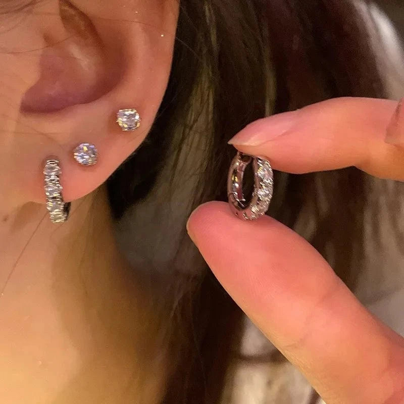 TRENDY / B201 2024 New Korean Trendy Earrings Shiny Zircon Earring Set For Women Temperament Circle Hoop Earrings Stud Jewelry Set