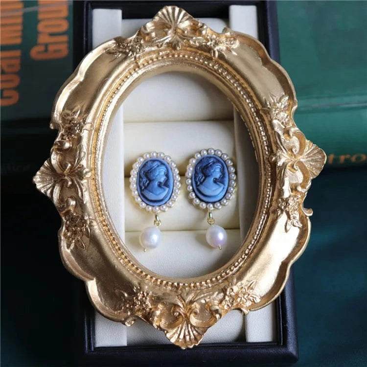 TRENDY / Blue Aimgal fine jewelry Freshwater pearls S925 Silver European Palace Retro vintage earrings tarnish free
