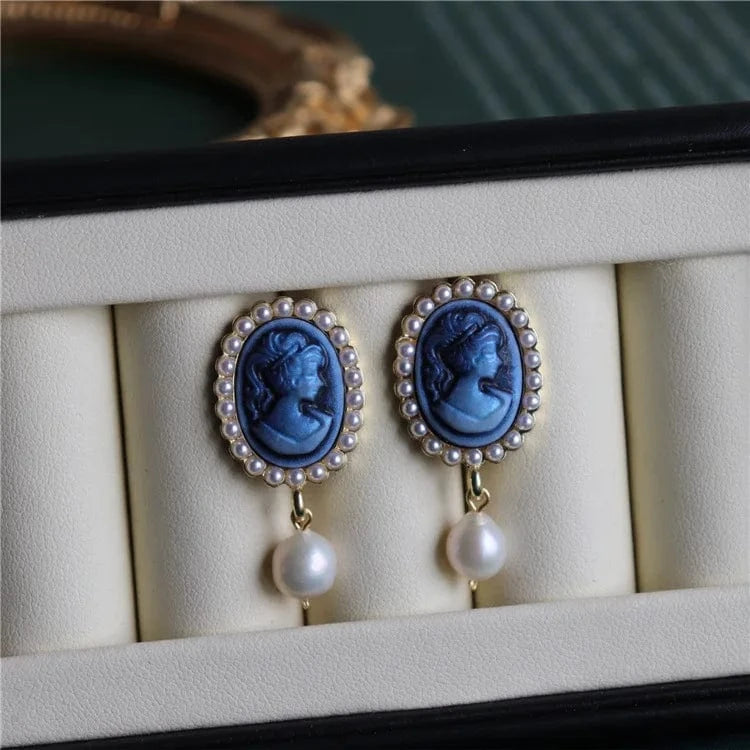 TRENDY / Blue Aimgal fine jewelry Freshwater pearls S925 Silver European Palace Retro vintage earrings tarnish free