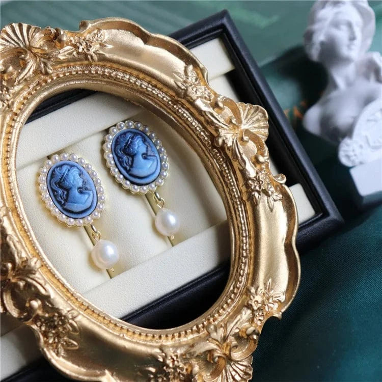 TRENDY / Blue Aimgal fine jewelry Freshwater pearls S925 Silver European Palace Retro vintage earrings tarnish free