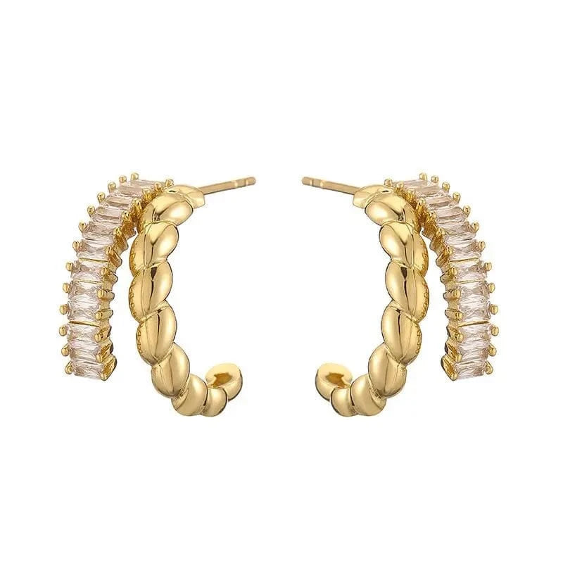 Trendy Double Layer Twisted C Shape Stud Earrings White Green Baguette Zircon 18k Gold Plated Hoop Earrings Women Party Jewelry