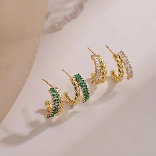 Trendy Double Layer Twisted C Shape Stud Earrings White Green Baguette Zircon 18k Gold Plated Hoop Earrings Women Party Jewelry