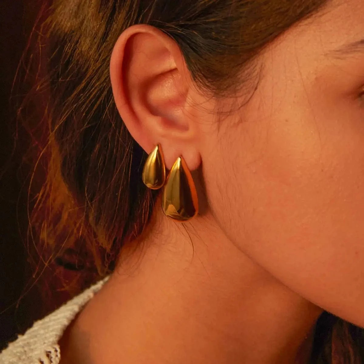 trendy / E1896 E1896 Jewelry 18K Gold Plated Tear Drop Punk Earrings Stainless Steel Hollow Waterdrop Stud Earring