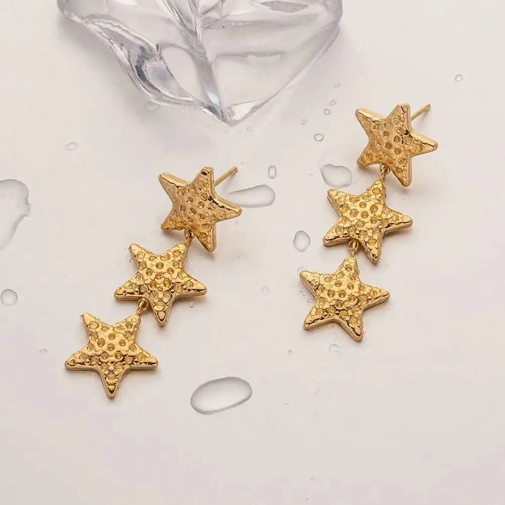 trendy / E2001 E2001 New Arrival 18K Gold Plated Texture Star Earrings Stainless Steel Bump Three Stars Drop Earring for Women