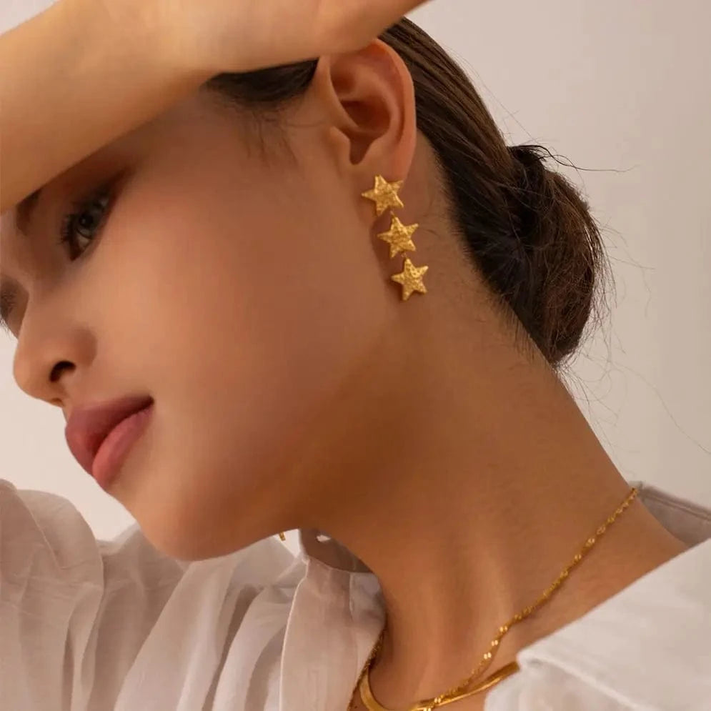 trendy / E2001 E2001 New Arrival 18K Gold Plated Texture Star Earrings Stainless Steel Bump Three Stars Drop Earring for Women