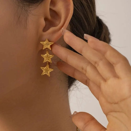 trendy / E2001 E2001 New Arrival 18K Gold Plated Texture Star Earrings Stainless Steel Bump Three Stars Drop Earring for Women