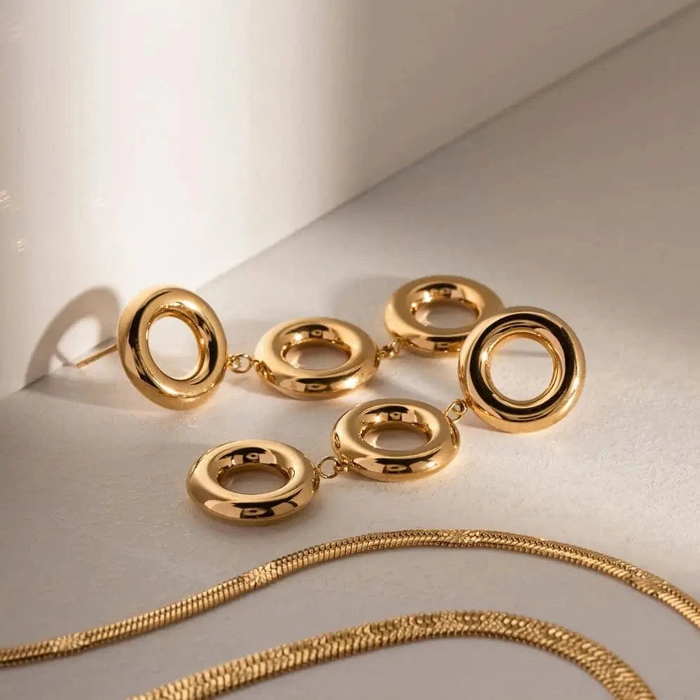 TRENDY / E2003 E2003 Three Chunky Hoops Pendant Earring Geometric 18K PVD Gold Plated Stainless Steel Metal Style Drop Earring For Women