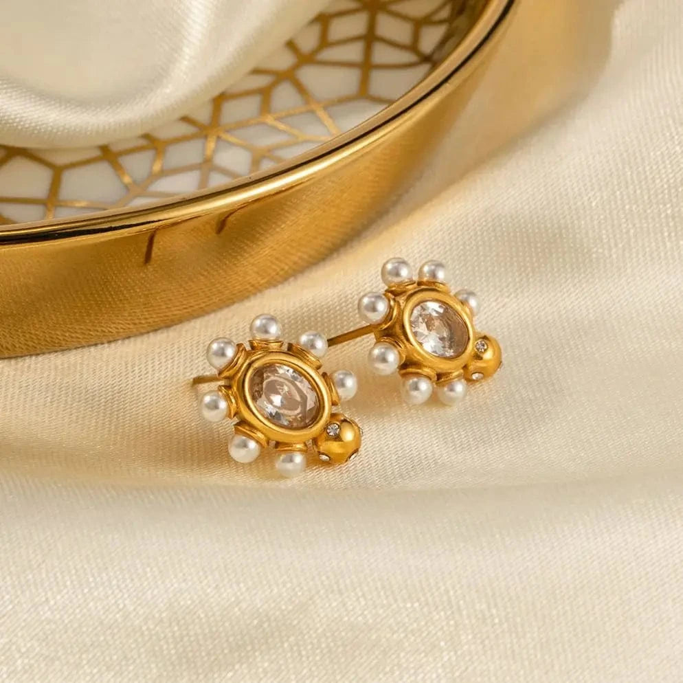 TRENDY / E2033 E2033 Clear Zircon Pearl Round Chic Stud Earring 18K PVD Gold Plated Stainless Steel Elegance Drop Earrings For Women