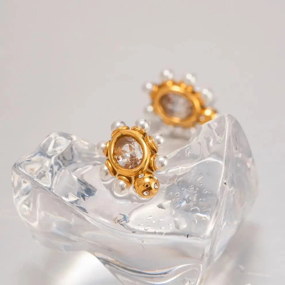 TRENDY / E2033 E2033 Clear Zircon Pearl Round Chic Stud Earring 18K PVD Gold Plated Stainless Steel Elegance Drop Earrings For Women