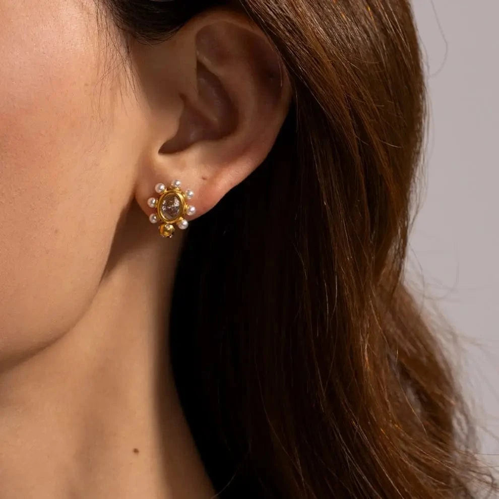 TRENDY / E2033 E2033 Clear Zircon Pearl Round Chic Stud Earring 18K PVD Gold Plated Stainless Steel Elegance Drop Earrings For Women