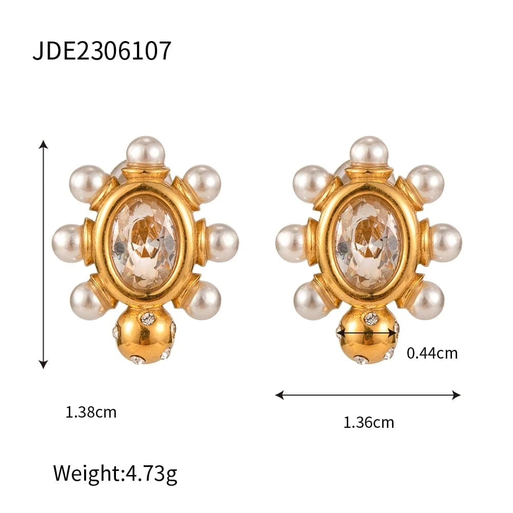TRENDY / E2033 E2033 Clear Zircon Pearl Round Chic Stud Earring 18K PVD Gold Plated Stainless Steel Elegance Drop Earrings For Women