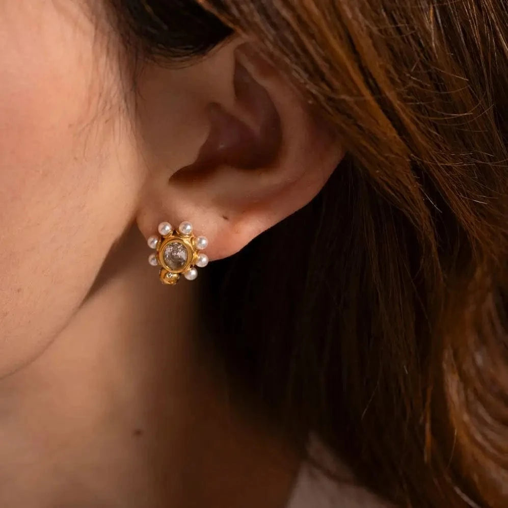 TRENDY / E2033 E2033 Clear Zircon Pearl Round Chic Stud Earring 18K PVD Gold Plated Stainless Steel Elegance Drop Earrings For Women