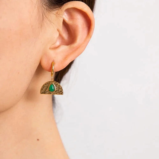 Trendy / E2067 E2067 Vintage Jewelry 18K Gold Plated Stainless Steel Earrings Green Natural Stone Malaysian Jade Earring for Girls